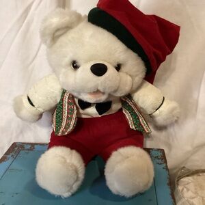 Vintage Christmas Teddy Bear Plush Festive Outfit 1980s 16” Tall